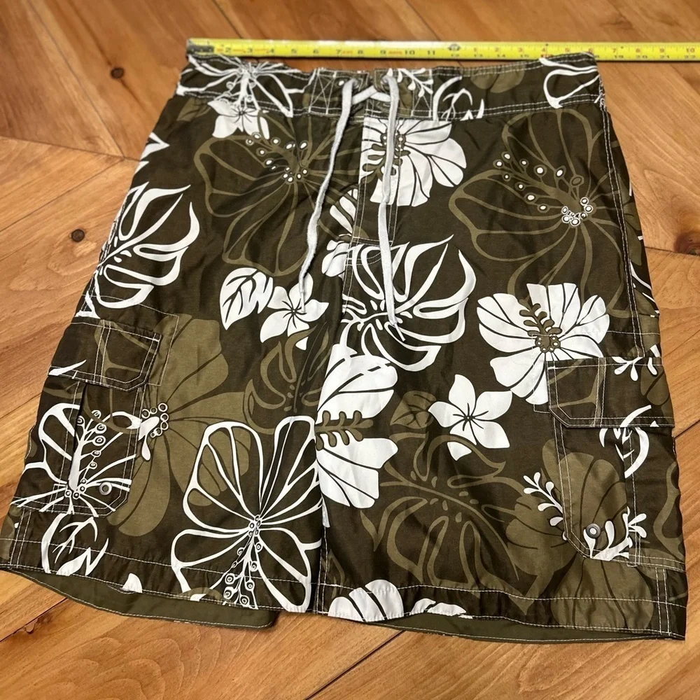 Merona Olive and White Floral Swim Board Shorts